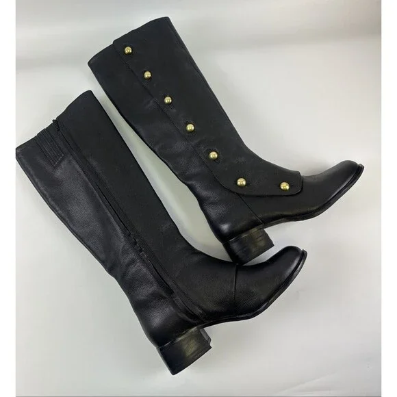 Michael Michael Kors Maisie Knee High Boot Black Leather Pebbled Gold Button 7.5 - Picture 6 of 15